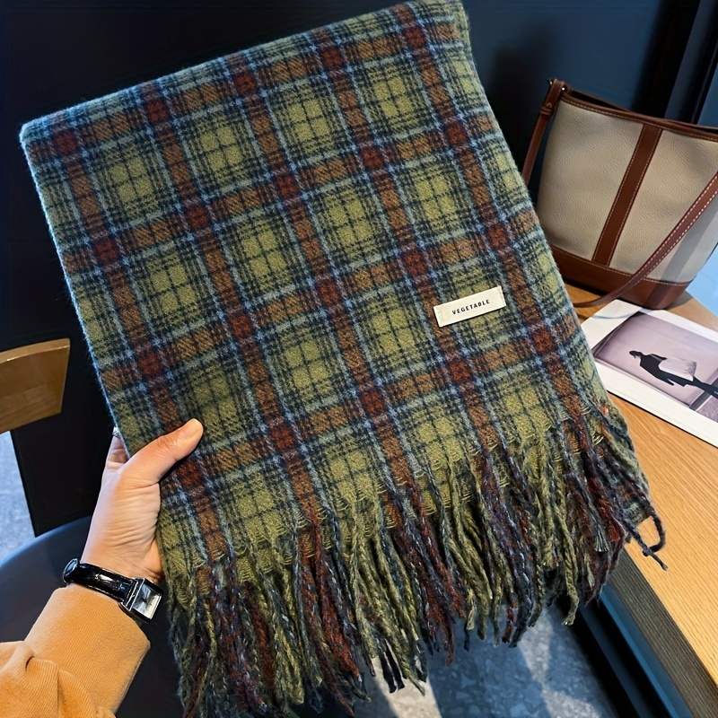 Cashmere Scarf Wrap - Vintage groene geruite kwastjessjaal dames imitatie