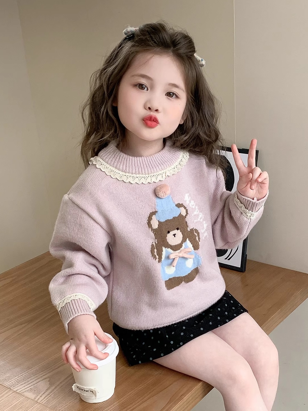 Winter Under Clothing - Sweet Sle Bear Print Kant Meisjes